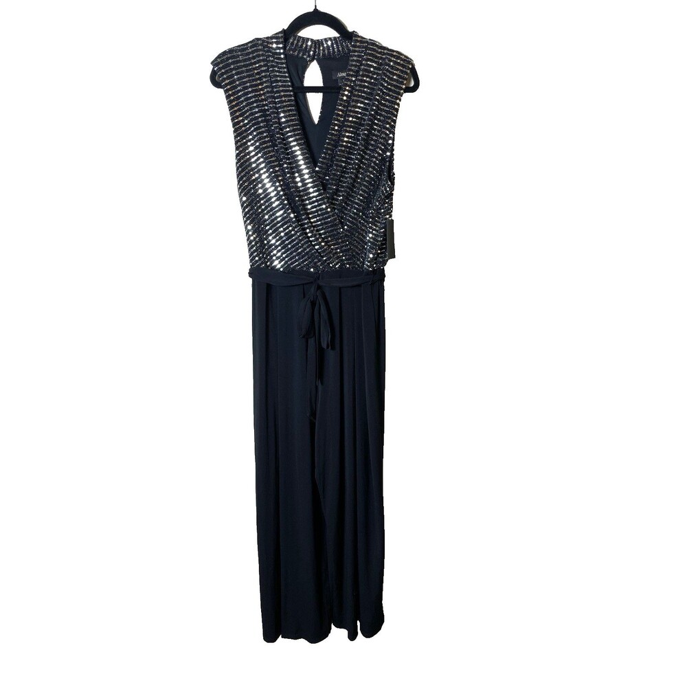 NWT Alexa B Black Sequin Sleeveless V-Neck Wide-Leg Belted Jumpsuit Women 14W